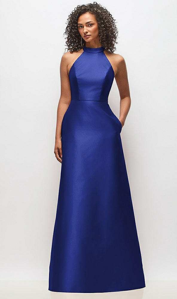 Front View - Cobalt Blue High-Neck Cutout Satin Dress with Pockets