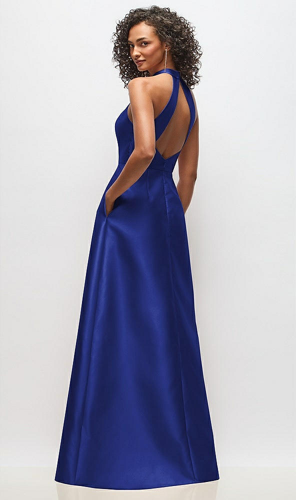 Back View - Cobalt Blue High-Neck Cutout Satin Dress with Pockets