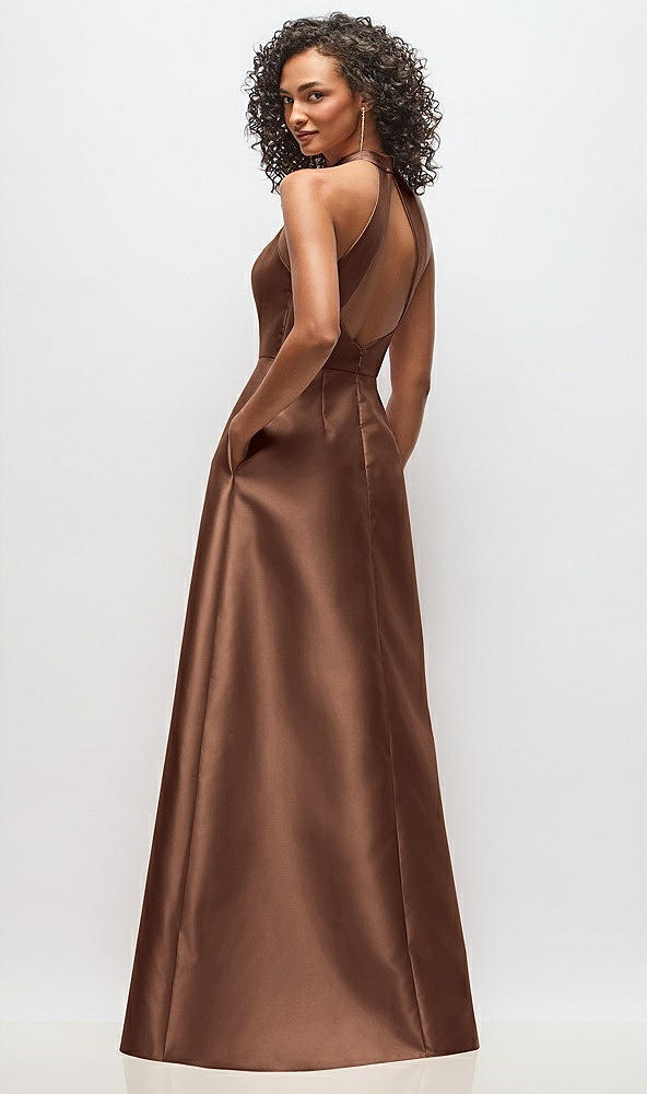 Back View - Cognac High-Neck Cutout Satin Dress with Pockets