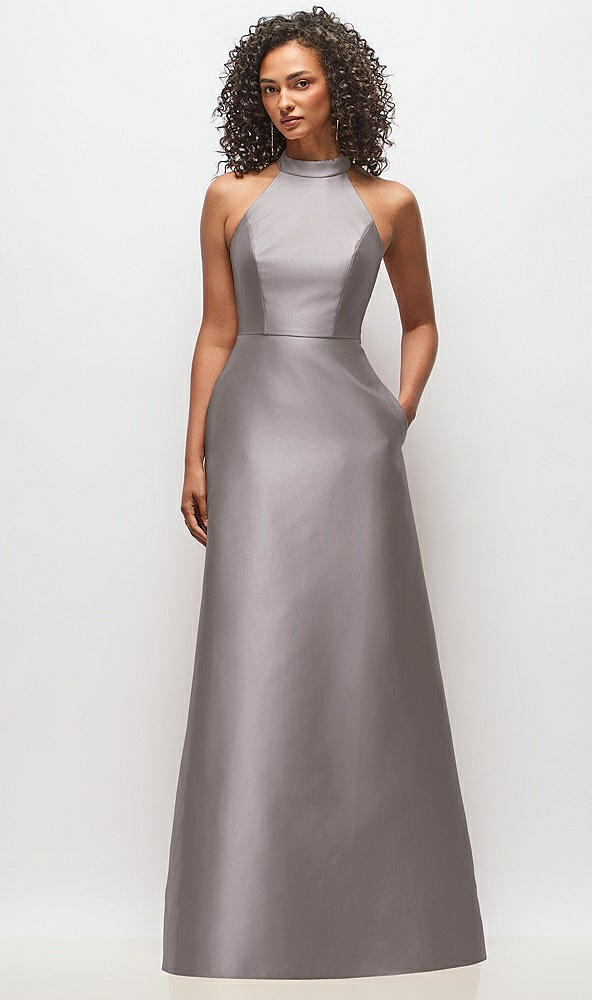 Front View - Cashmere Gray High-Neck Cutout Satin Dress with Pockets