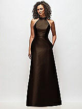 Front View Thumbnail - Espresso High-Neck Cutout Satin Dress with Pockets