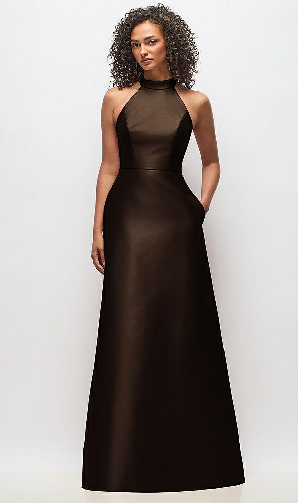 Front View - Espresso High-Neck Cutout Satin Dress with Pockets