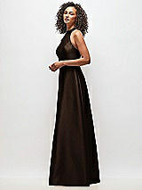 Side View Thumbnail - Espresso High-Neck Cutout Satin Dress with Pockets