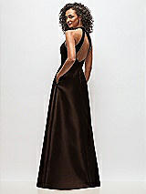 Rear View Thumbnail - Espresso High-Neck Cutout Satin Dress with Pockets