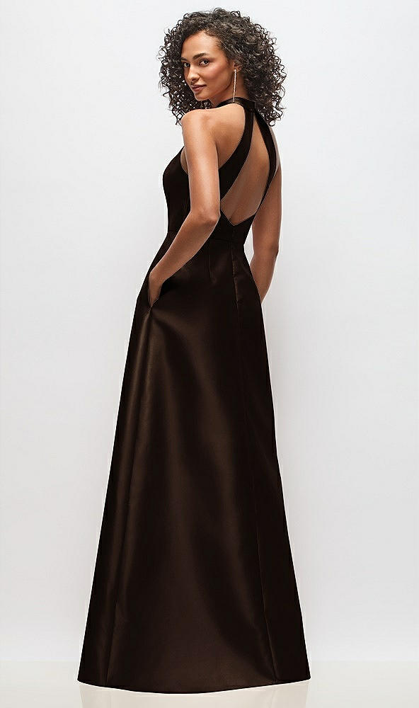 Back View - Espresso High-Neck Cutout Satin Dress with Pockets