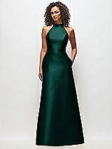 Front View Thumbnail - Evergreen High-Neck Cutout Satin Dress with Pockets