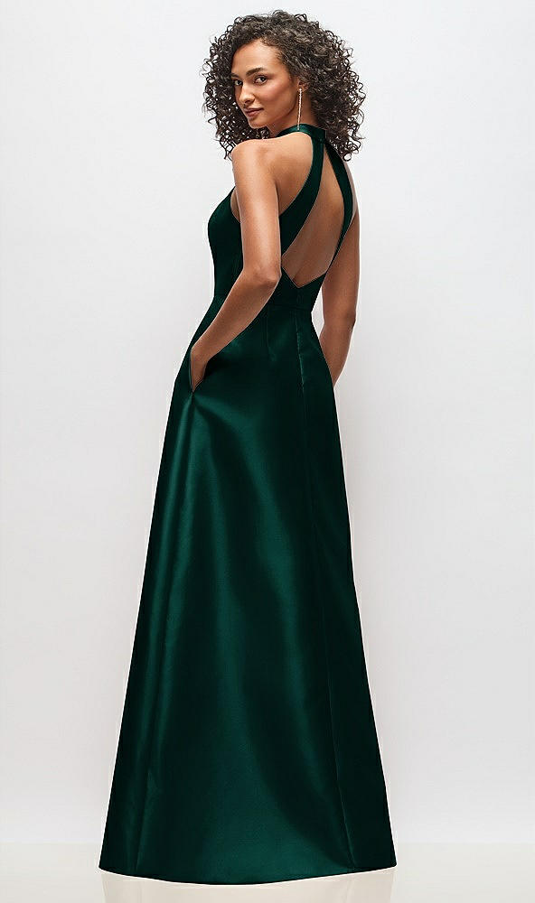 Back View - Evergreen High-Neck Cutout Satin Dress with Pockets