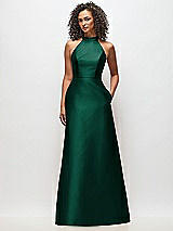 Front View Thumbnail - Hunter Green High-Neck Cutout Satin Dress with Pockets