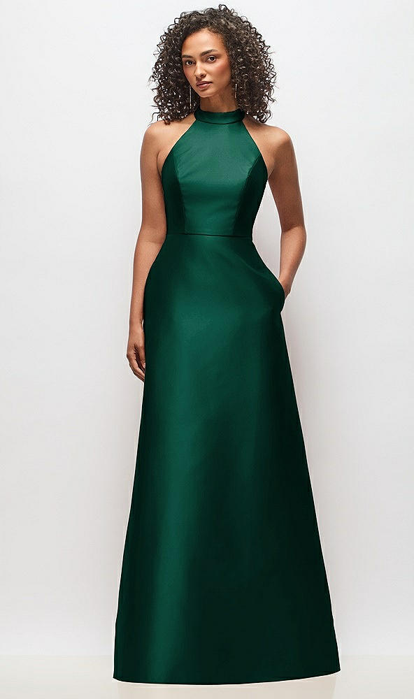 Front View - Hunter Green High-Neck Cutout Satin Dress with Pockets
