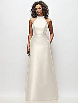 Front View Thumbnail - Ivory High-Neck Cutout Satin Dress with Pockets