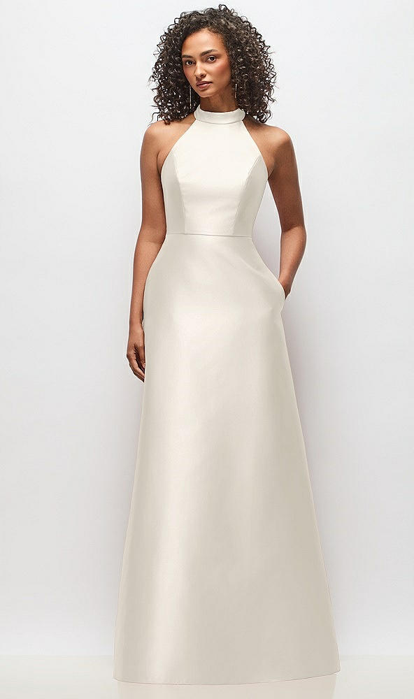 Front View - Ivory High-Neck Cutout Satin Dress with Pockets