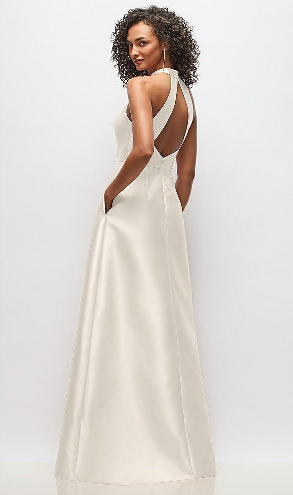 Back View - Ivory High-Neck Cutout Satin Dress with Pockets