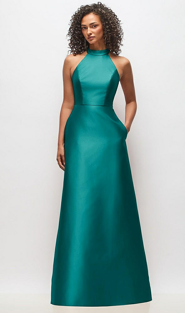 Front View - Jade High-Neck Cutout Satin Dress with Pockets