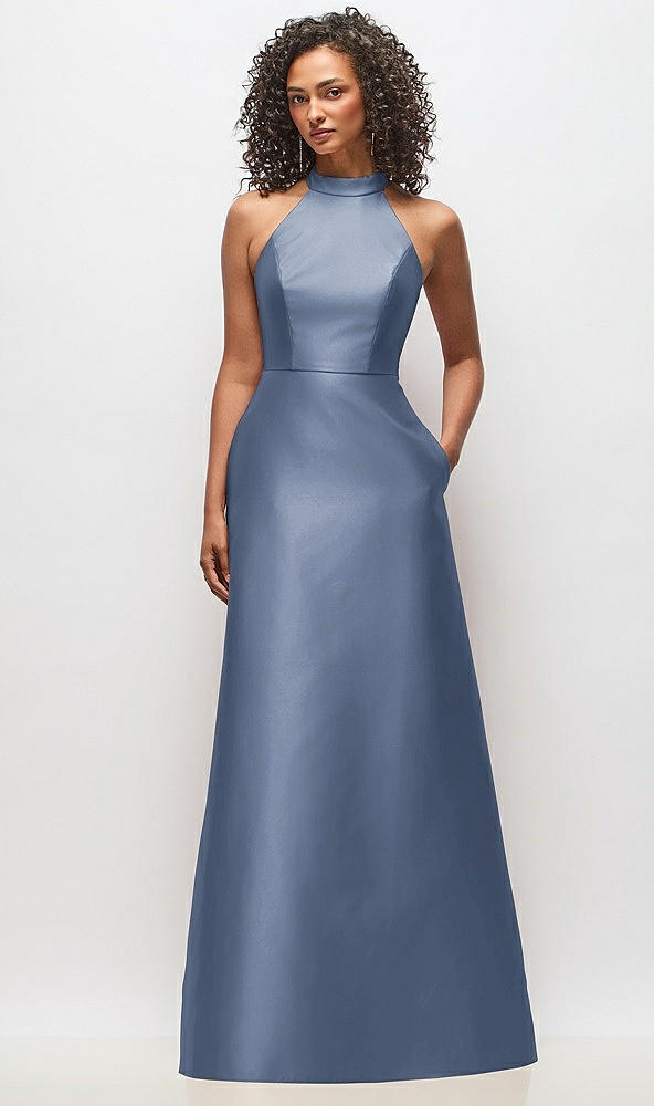Front View - Larkspur Blue High-Neck Cutout Satin Dress with Pockets