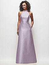 Front View Thumbnail - Lilac Haze High-Neck Cutout Satin Dress with Pockets