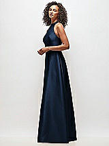 Side View Thumbnail - Midnight Navy High-Neck Cutout Satin Dress with Pockets