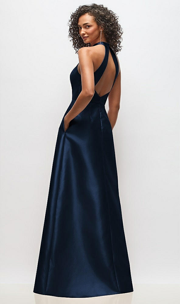 Back View - Midnight Navy High-Neck Cutout Satin Dress with Pockets
