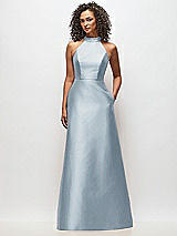 Front View Thumbnail - Mist High-Neck Cutout Satin Dress with Pockets