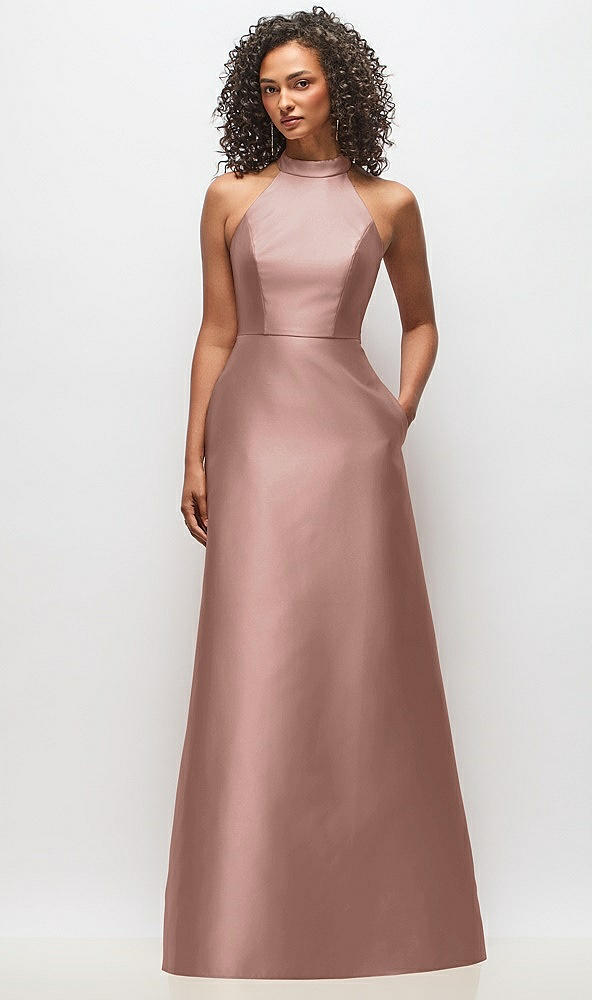 Front View - Neu Nude High-Neck Cutout Satin Dress with Pockets