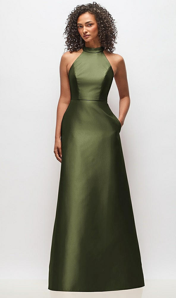 Front View - Olive Green High-Neck Cutout Satin Dress with Pockets