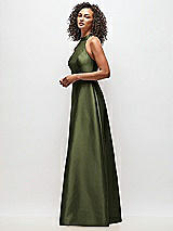 Side View Thumbnail - Olive Green High-Neck Cutout Satin Dress with Pockets