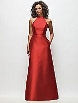 Front View Thumbnail - Poppy Red High-Neck Cutout Satin Dress with Pockets