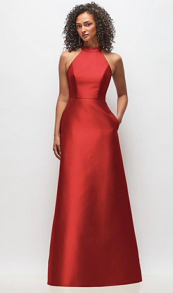 Front View - Poppy Red High-Neck Cutout Satin Dress with Pockets
