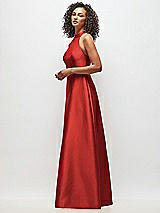 Side View Thumbnail - Poppy Red High-Neck Cutout Satin Dress with Pockets