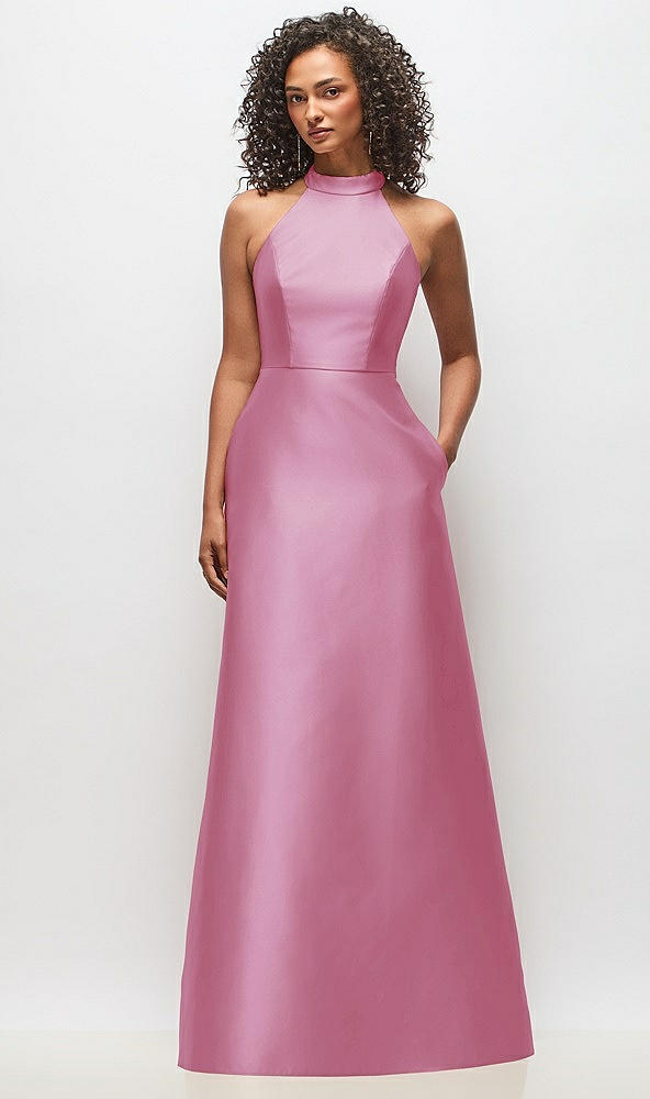 Front View - Powder Pink High-Neck Cutout Satin Dress with Pockets