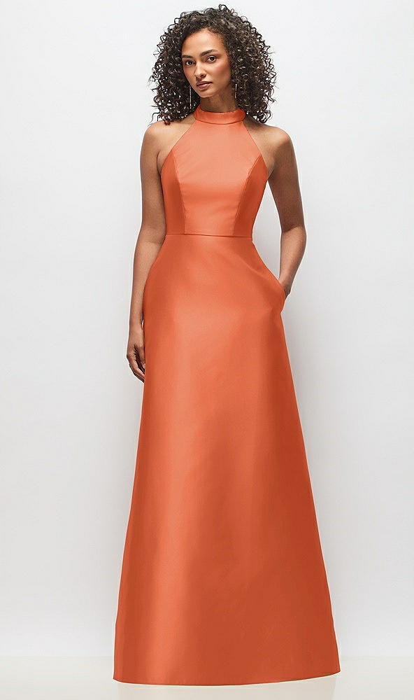 Front View - Portofino Orange High-Neck Cutout Satin Dress with Pockets
