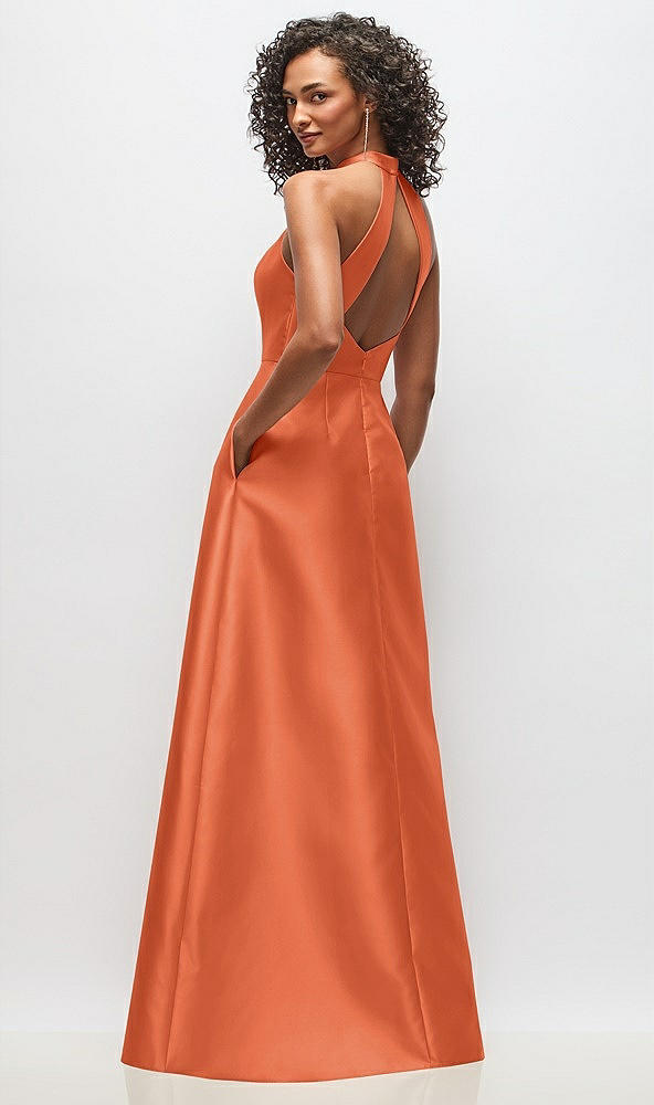 Back View - Portofino Orange High-Neck Cutout Satin Dress with Pockets