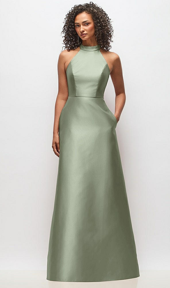 Front View - Sage High-Neck Cutout Satin Dress with Pockets