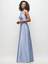 Side View Thumbnail - Sky Blue High-Neck Cutout Satin Dress with Pockets