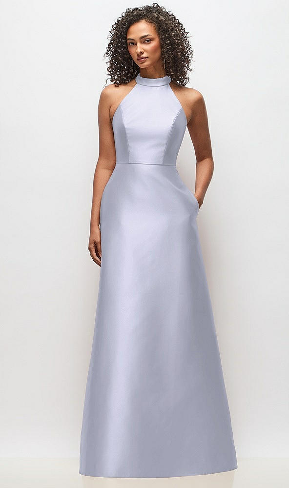 Front View - Silver Dove High-Neck Cutout Satin Dress with Pockets