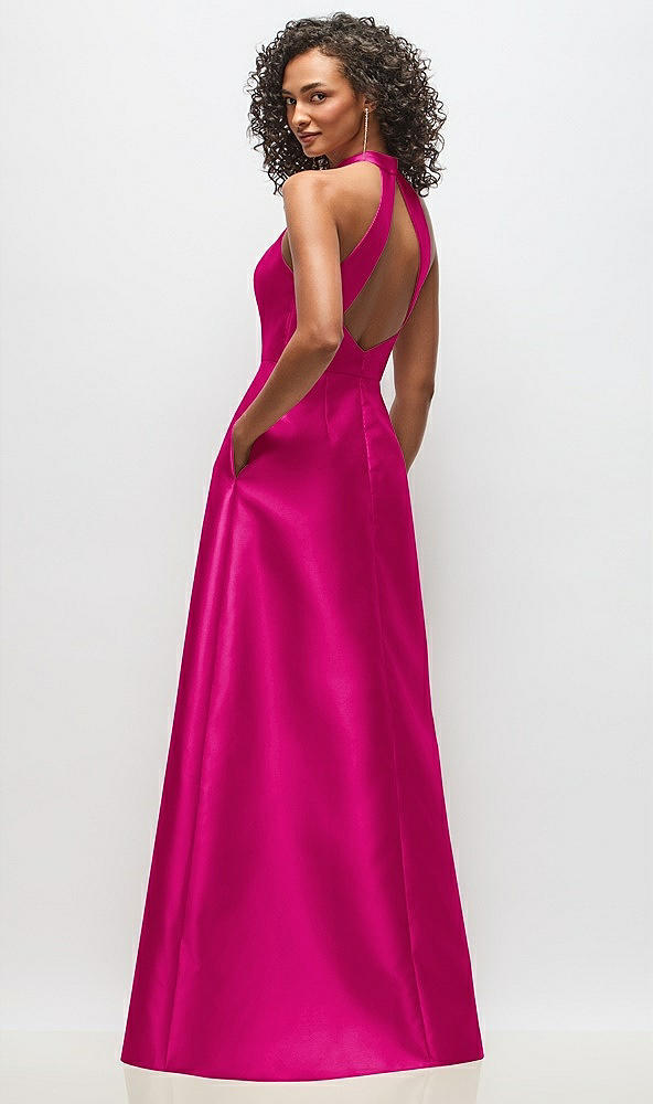 Back View - Think Pink High-Neck Cutout Satin Dress with Pockets