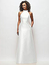 Front View Thumbnail - White High-Neck Cutout Satin Dress with Pockets