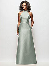 Front View Thumbnail - Willow Green High-Neck Cutout Satin Dress with Pockets
