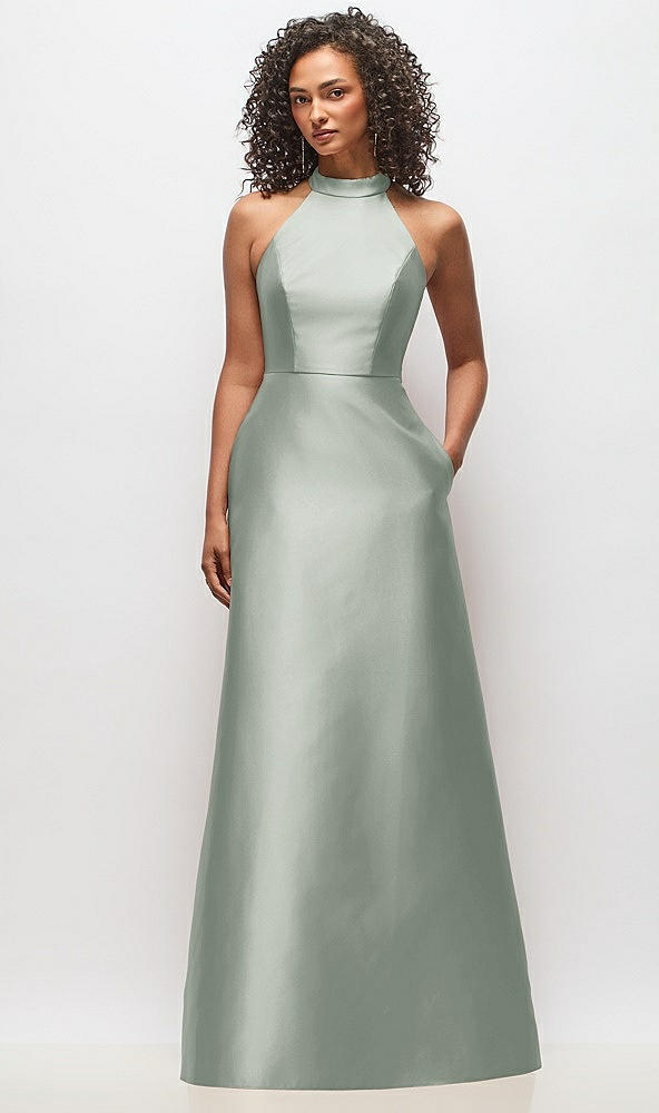 Front View - Willow Green High-Neck Cutout Satin Dress with Pockets