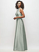 Side View Thumbnail - Willow Green High-Neck Cutout Satin Dress with Pockets