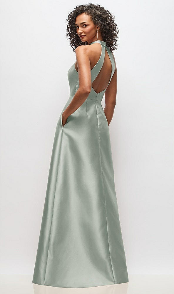 Back View - Willow Green High-Neck Cutout Satin Dress with Pockets