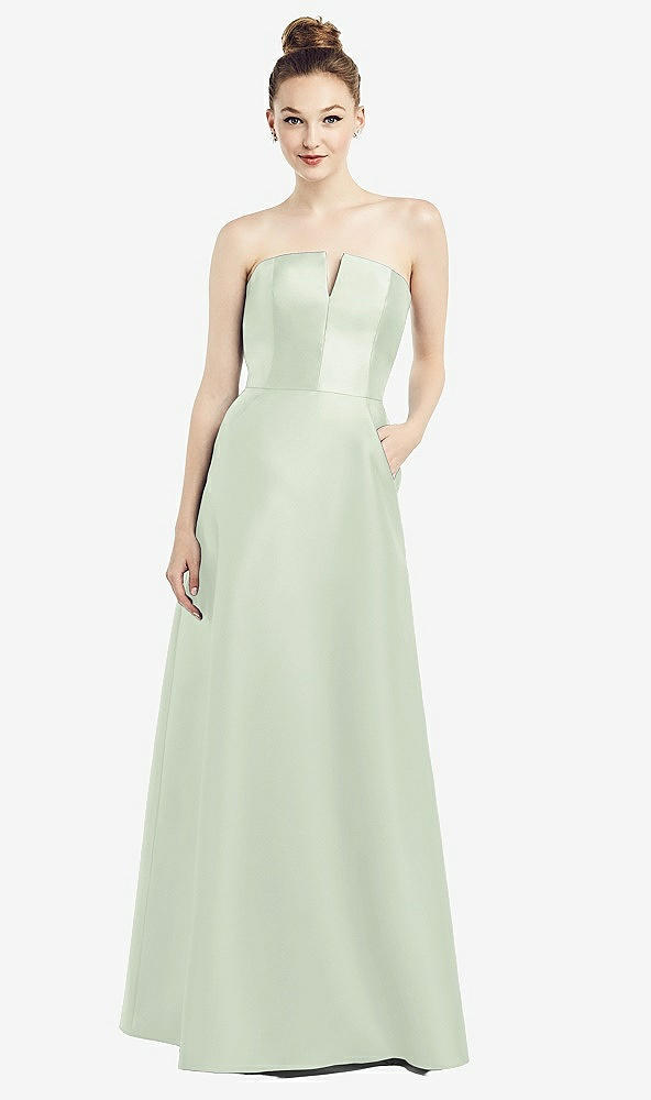 Front View - Mint Green Strapless Notch Satin Gown with Pockets