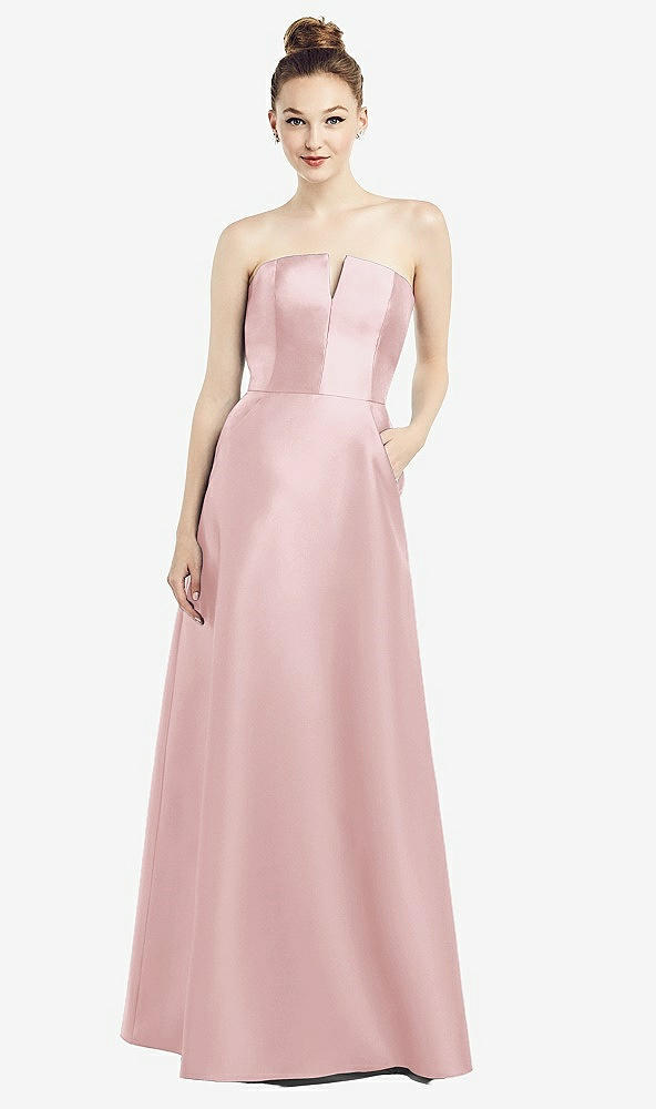Front View - Ballet Pink Strapless Notch Satin Gown with Pockets
