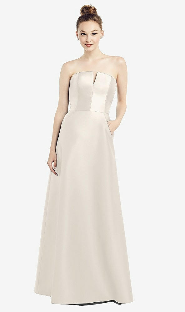 Front View - Ivory Strapless Notch Satin Gown with Pockets