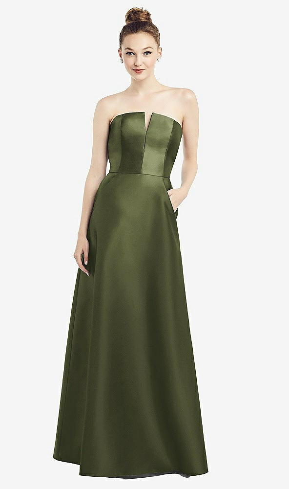 Front View - Olive Green Strapless Notch Satin Gown with Pockets