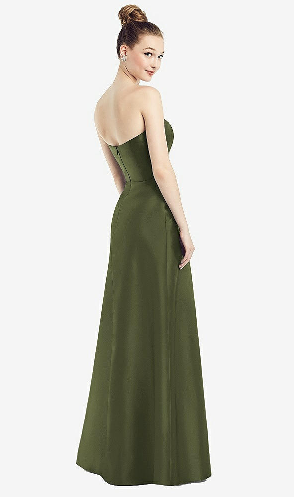 Back View - Olive Green Strapless Notch Satin Gown with Pockets