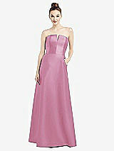 Front View Thumbnail - Powder Pink Strapless Notch Satin Gown with Pockets