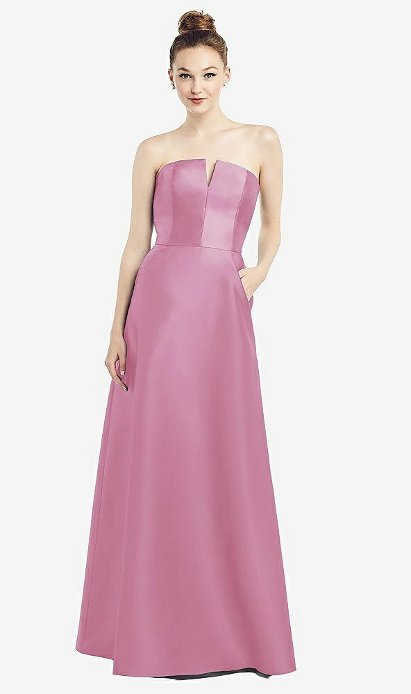 Front View - Powder Pink Strapless Notch Satin Gown with Pockets