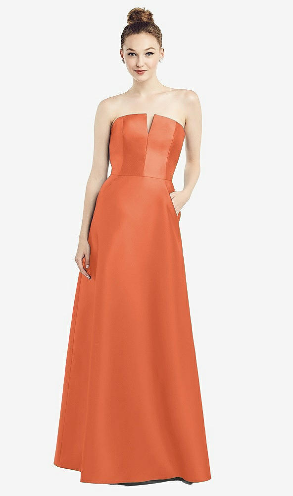 Front View - Portofino Orange Strapless Notch Satin Gown with Pockets