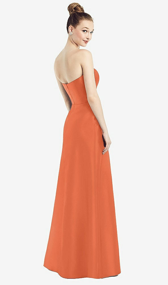 Back View - Portofino Orange Strapless Notch Satin Gown with Pockets