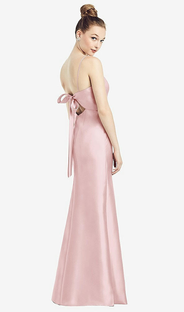 Front View - Ballet Pink Open-Back Bow Tie Satin Trumpet Gown
